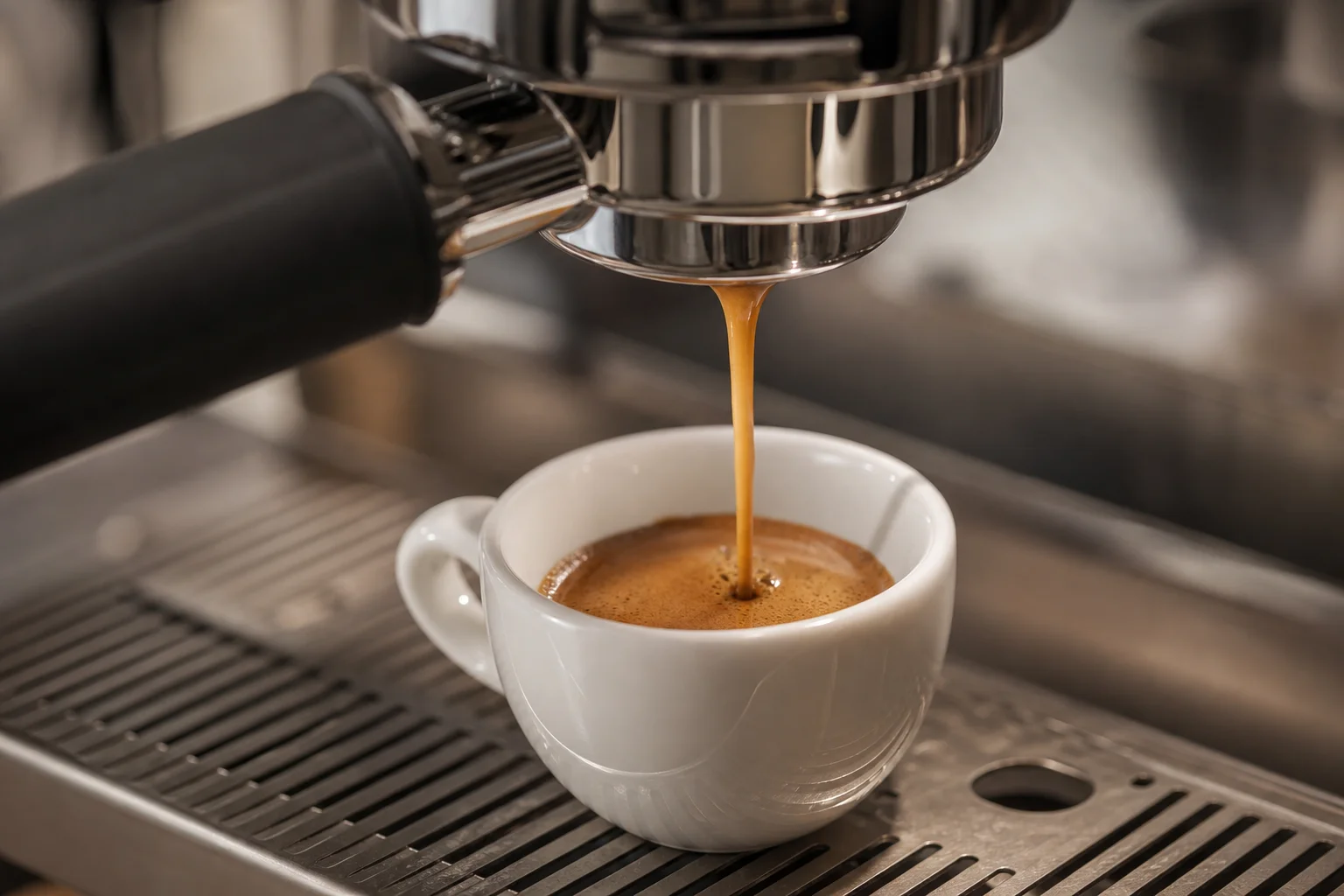 Espresso shot pouring from a group head into a small white cup with golden crema