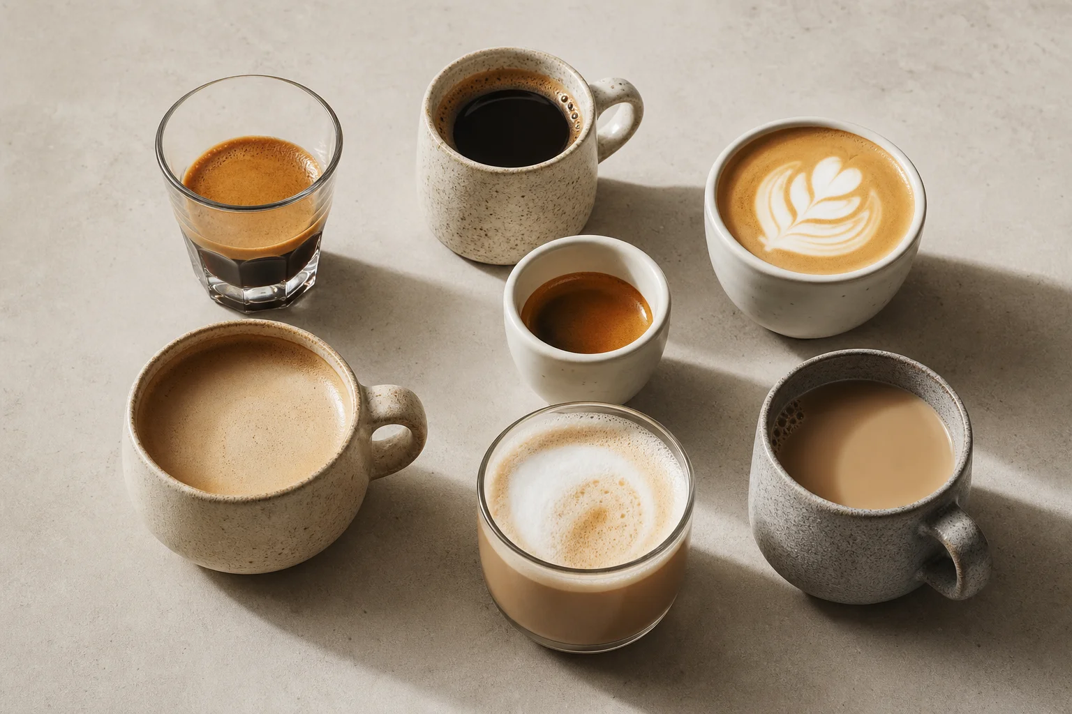 Two finished espresso cups and milk-based coffees arranged on a table for judging
