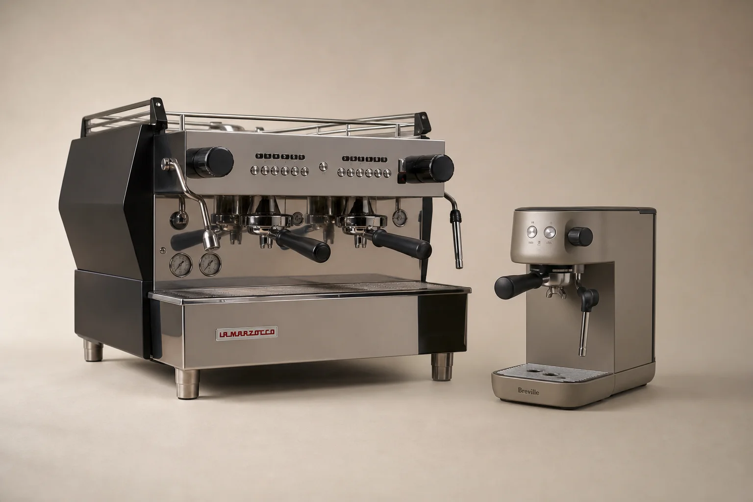 Professional La Marzocco espresso machine next to compact Breville Bambino on neutral background