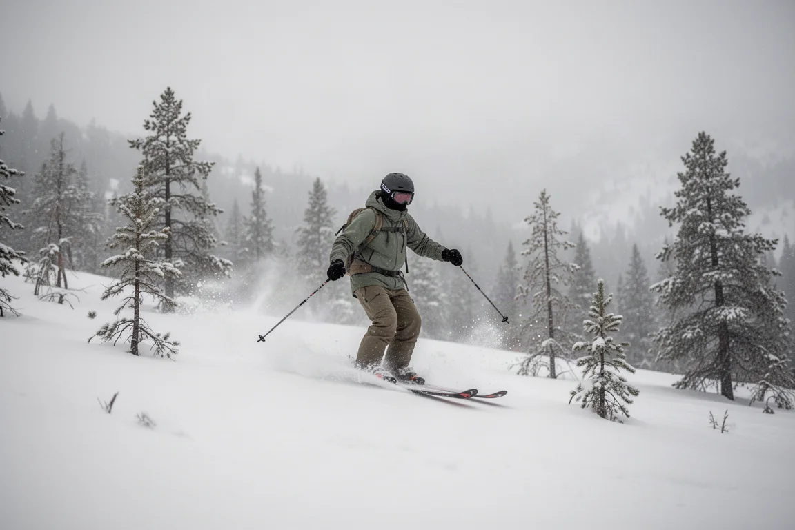 滑雪者在鬆軟雪地的樹林間於小雪日保持平衡滑行