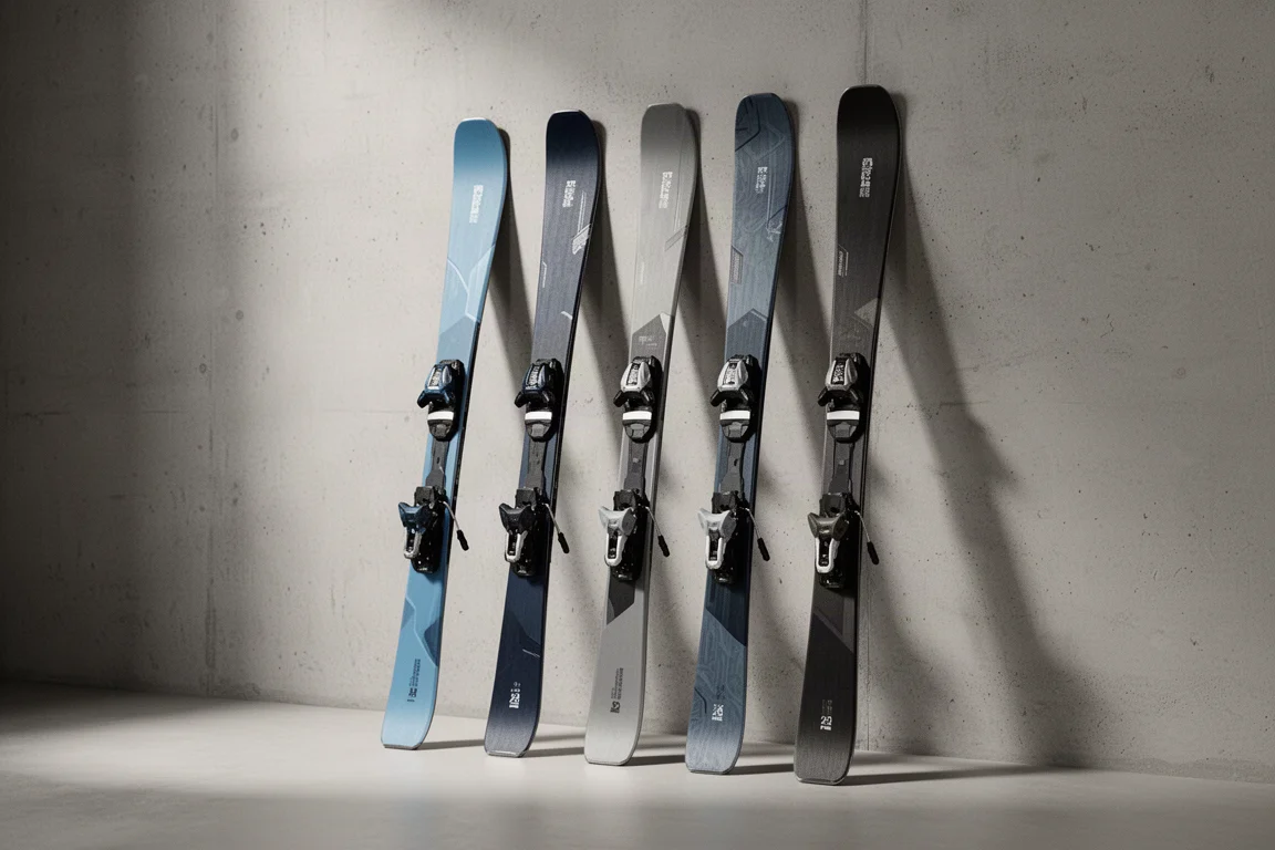 Five alpine skis of varied widths leaning against a concrete wall