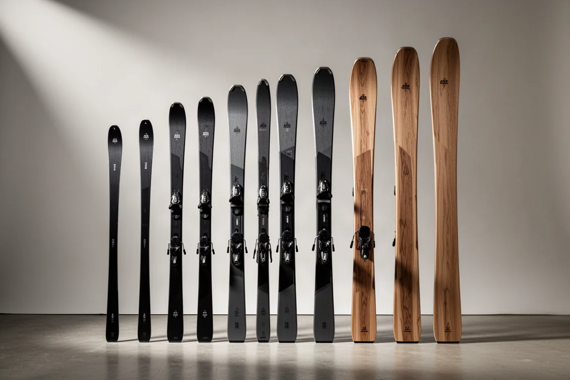 Lineup of alpine skis of varying widths standing upright in a studio