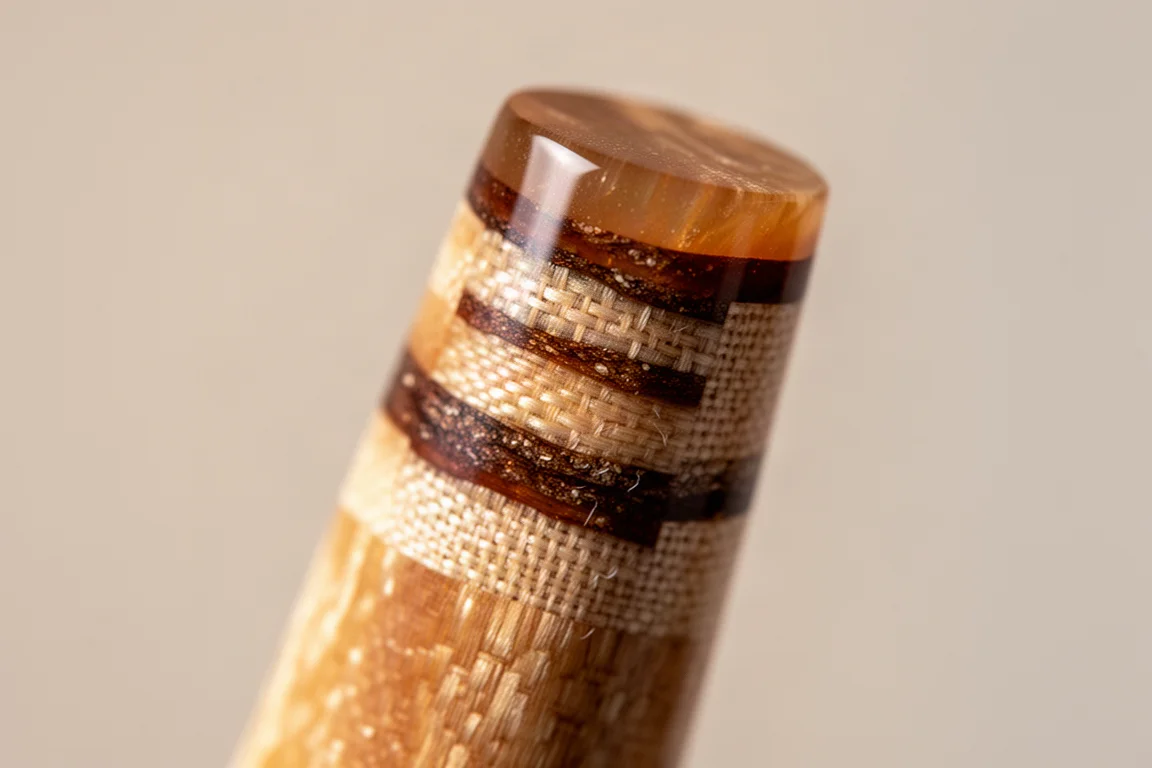 鋼筆筆桿上樹脂與亞麻 Micarta 疊層物料的特寫
