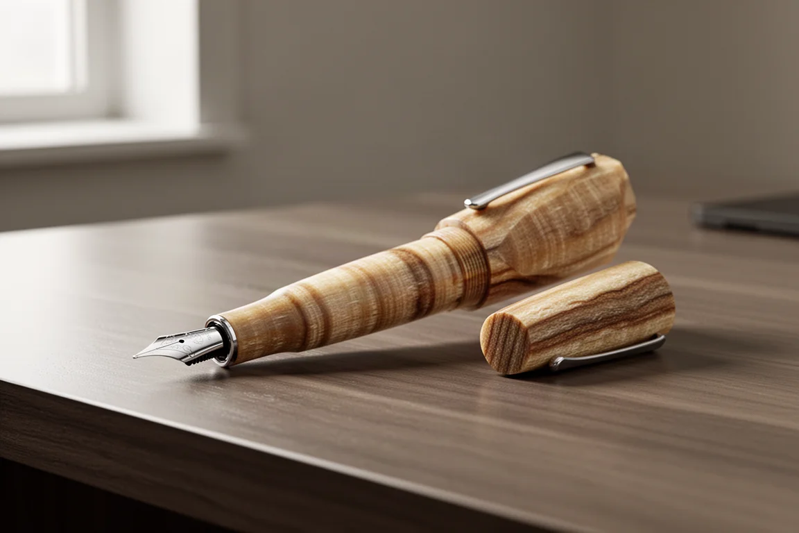 Skogsy Pens Choya Micarta fountain pen on a brushed wood desk