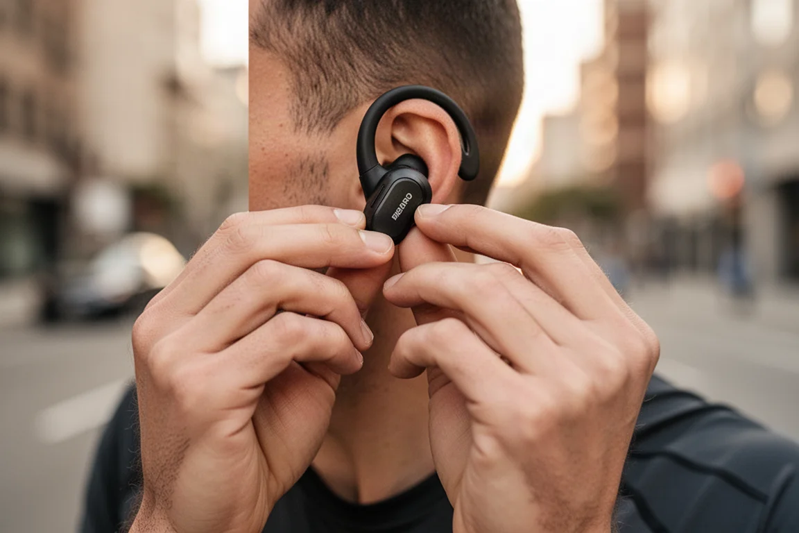 Runner threading earbuds with ear hooks into place before a morning run