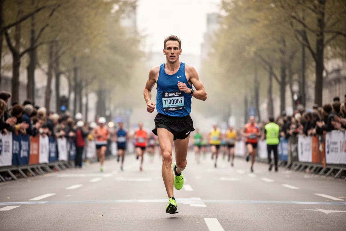 Runner on a city street listening to music during a marathon
