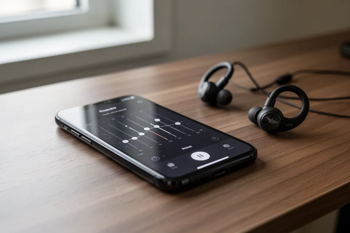 Smartphone showing an earbud companion app equalizer screen