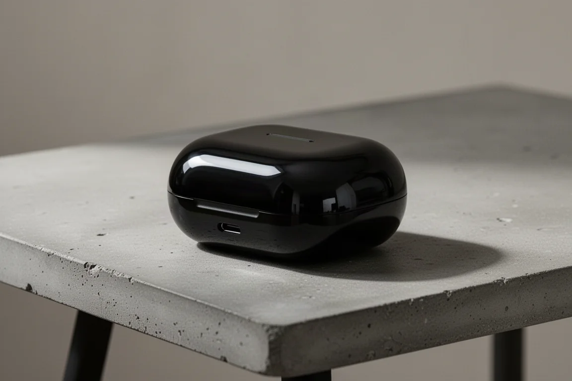 Large smooth charging case for true wireless earbuds on a table