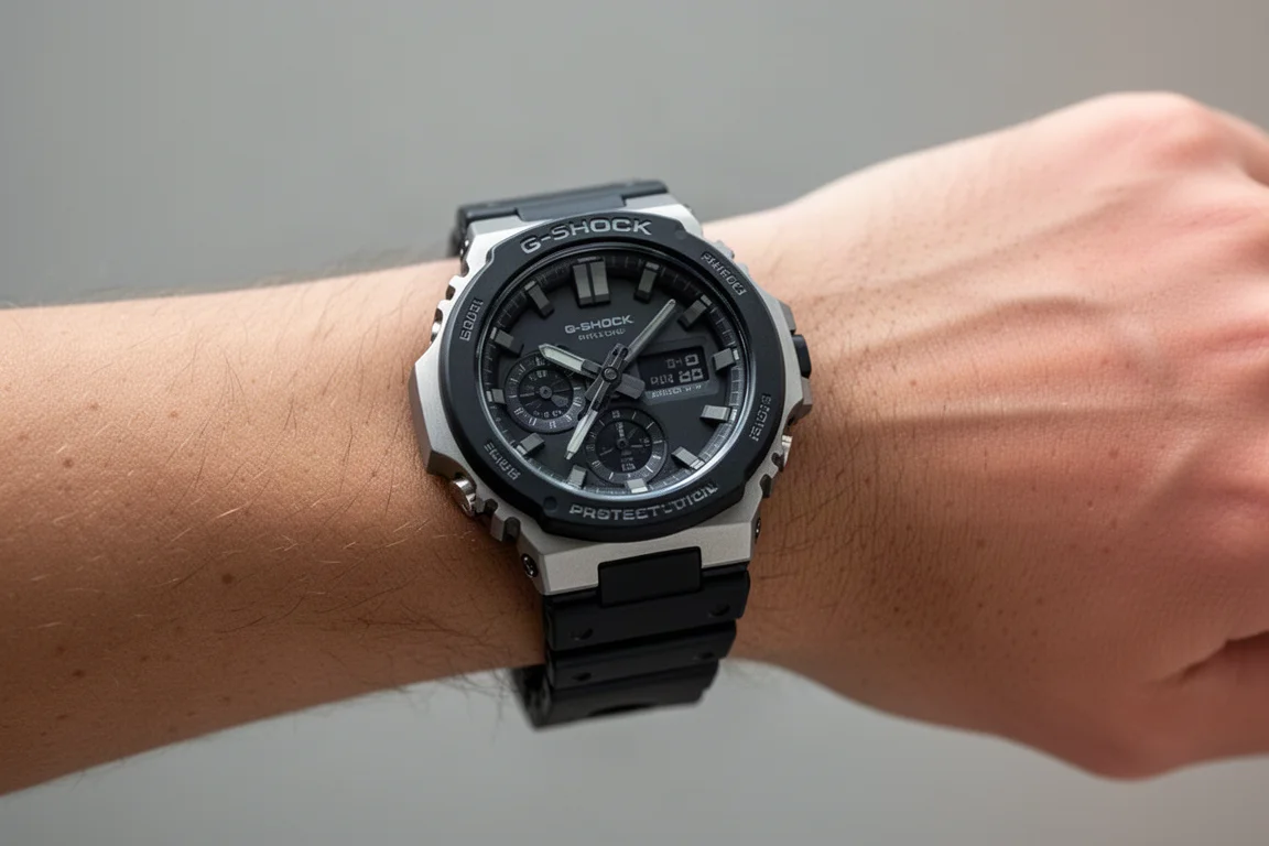 Fertige modifizierte Uhr am Handgelenk, die ihre Größe zeigt