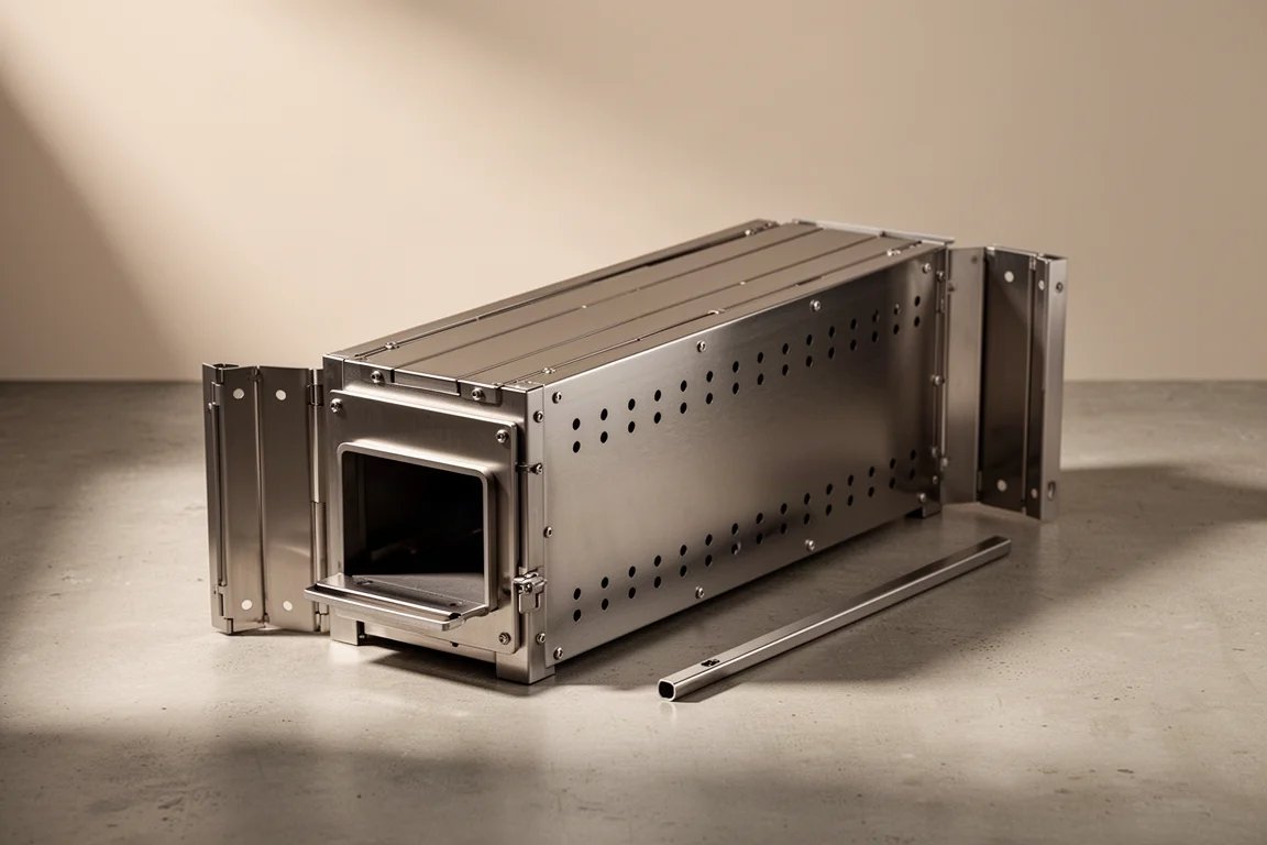 Long collapsible stainless steel wood stove with a folded panel and support bar on concrete