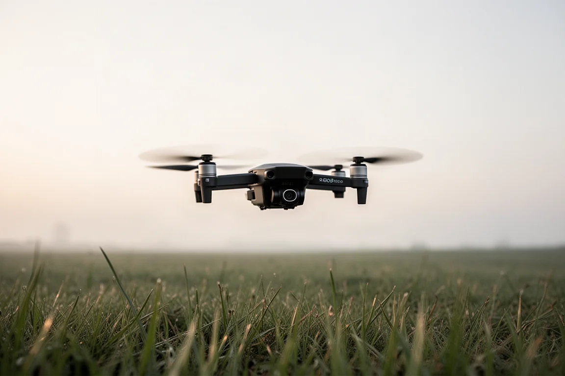 Compact drone hovering low over a grassy field in soft morning light
