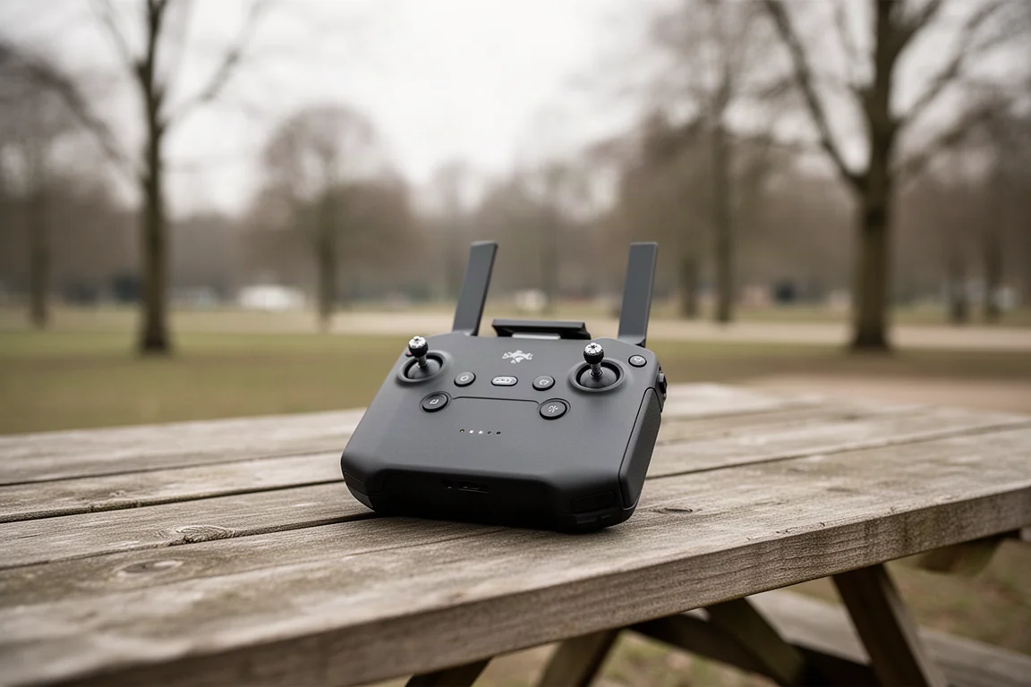 Drone pilot holding a handheld controller in an open outdoor area