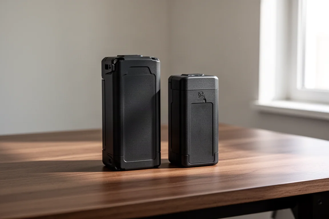 Two black drone battery packs standing side by side on a desk