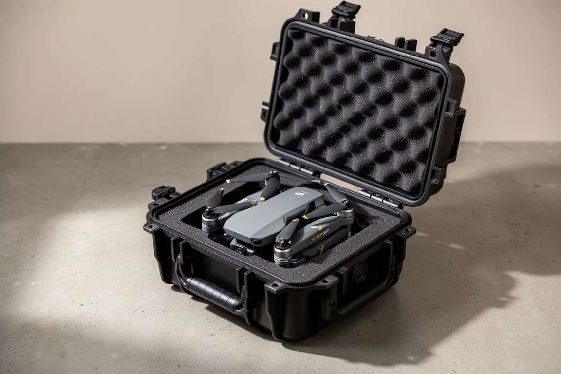 Drone resting inside a padded hard case on a neutral surface