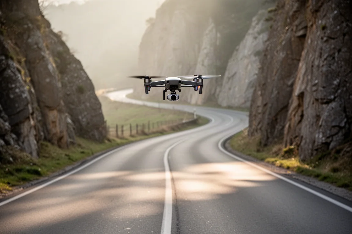 無人機於佈滿石牆的彎曲鄉間道路上空飛行