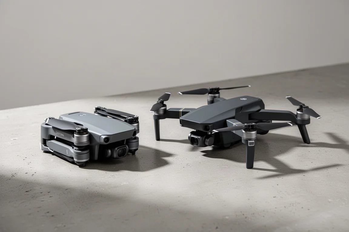 Two camera drones side by side on a matte concrete surface