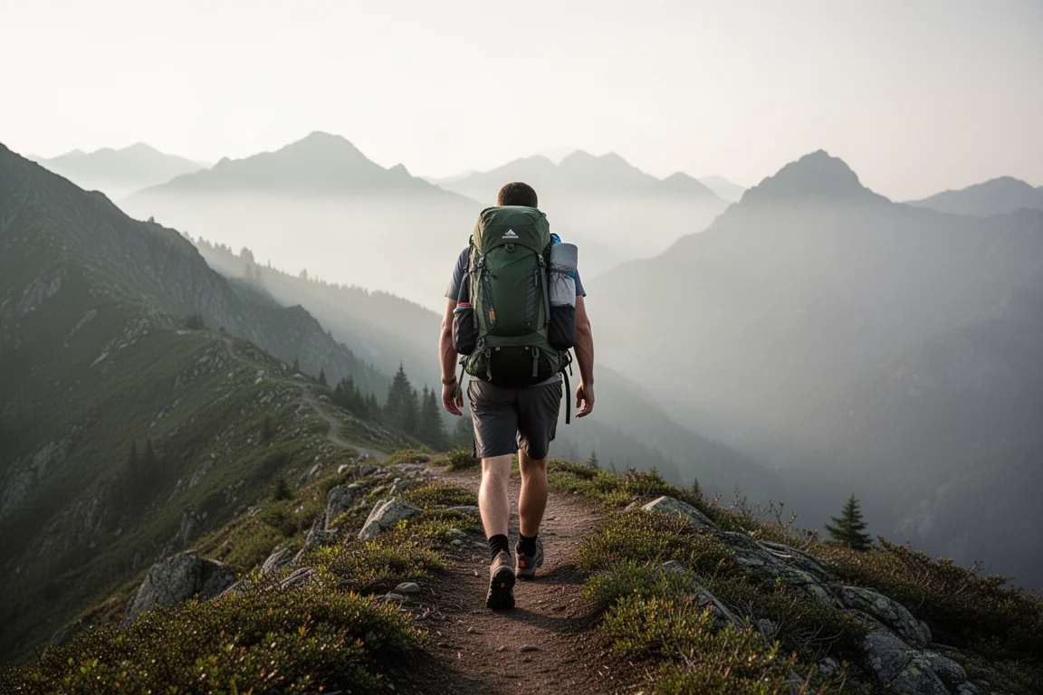 Caminhante com mochila carregada percorrendo uma trilha na crista da montanha na névoa matinal
