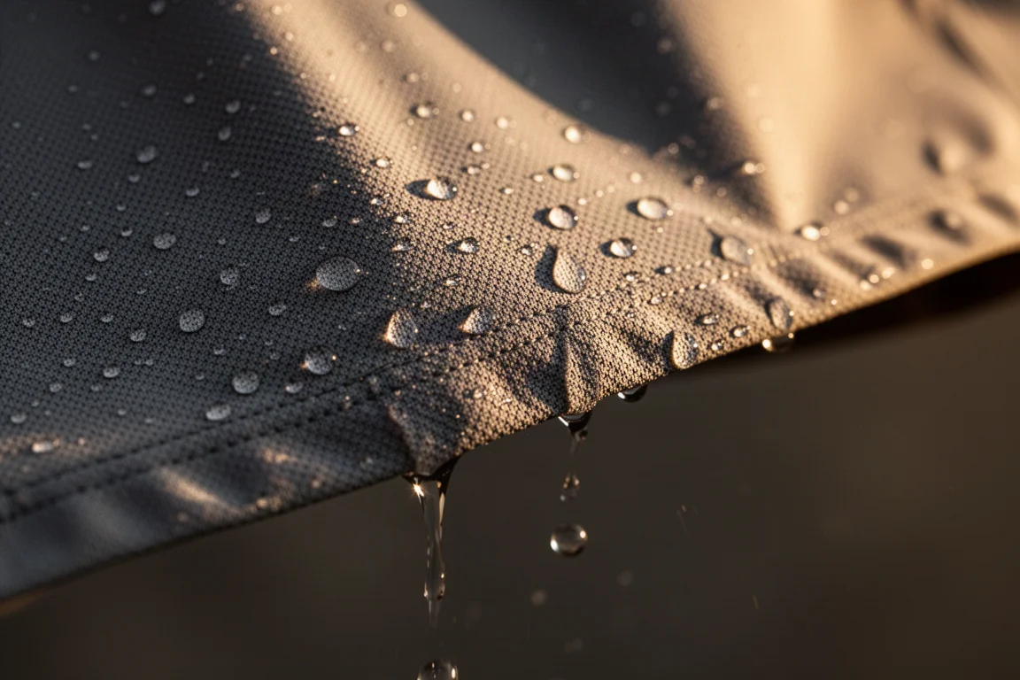 Close da água formando gotas no tecido stretch de um short de trilha sob luz solar baixa