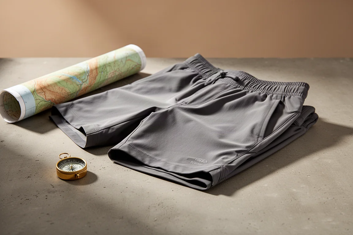 Pantaloncini da trekking piegati accanto a una carta topografica e a una bussola su cemento