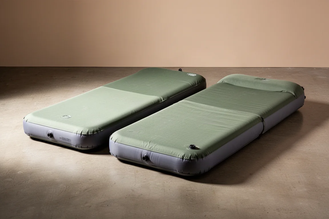 Two self-inflating camping air mattresses in green and gray on a concrete floor