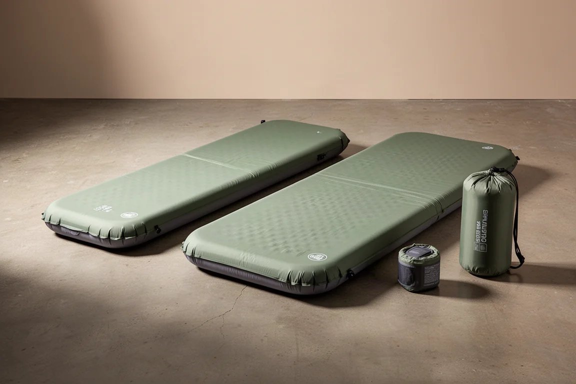 Two self-inflating camping pads, one single and one double, on a concrete floor