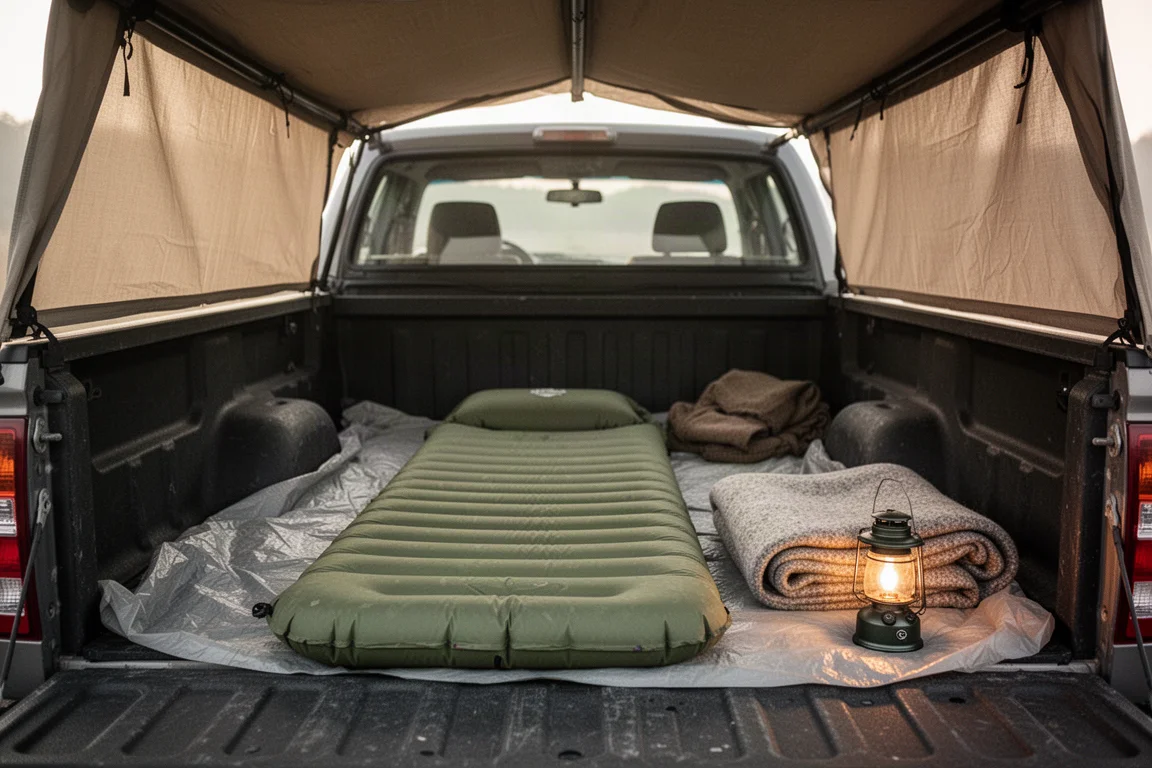 Self-inflating sleeping pad laid out in a truck bed with a blanket and camp lantern