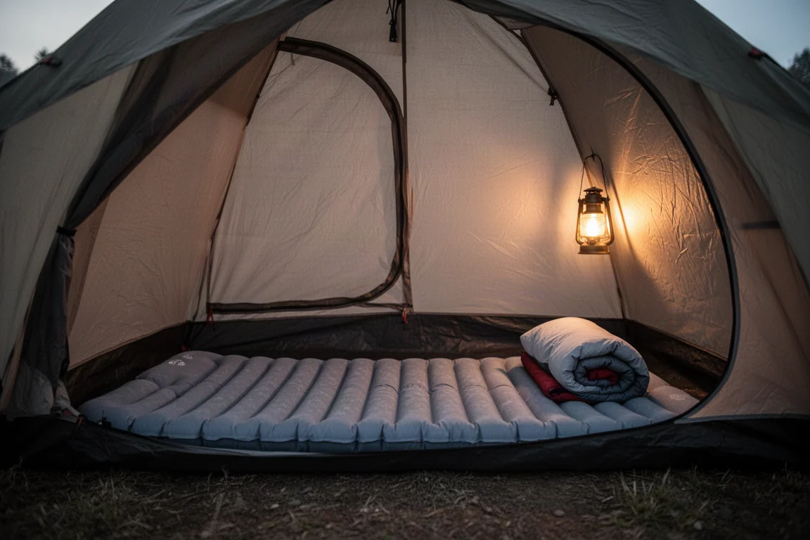 Single sleeping pad inside a tent at dusk with a rolled sleeping bag and pillow