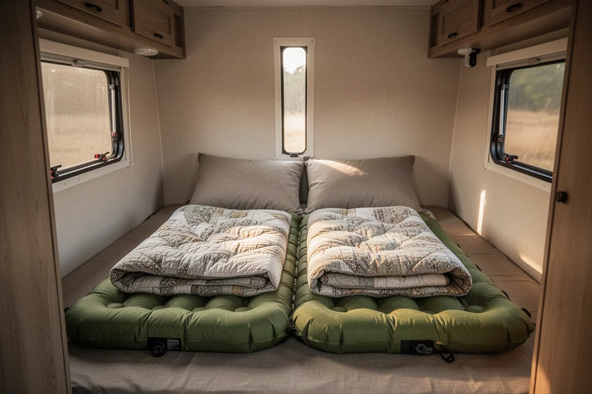 Two-person sleeping pad made up with a quilt and pillows in a small trailer