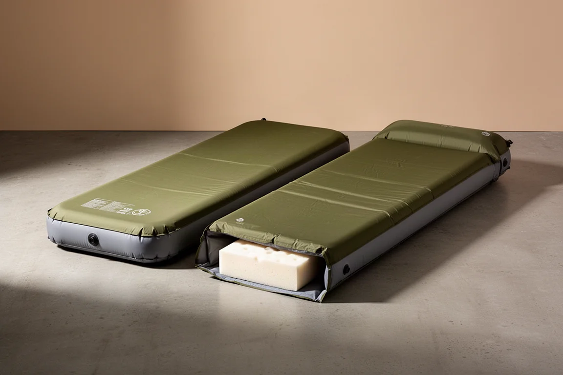 Two green self-inflating camping air mattresses partially unrolled on a concrete surface