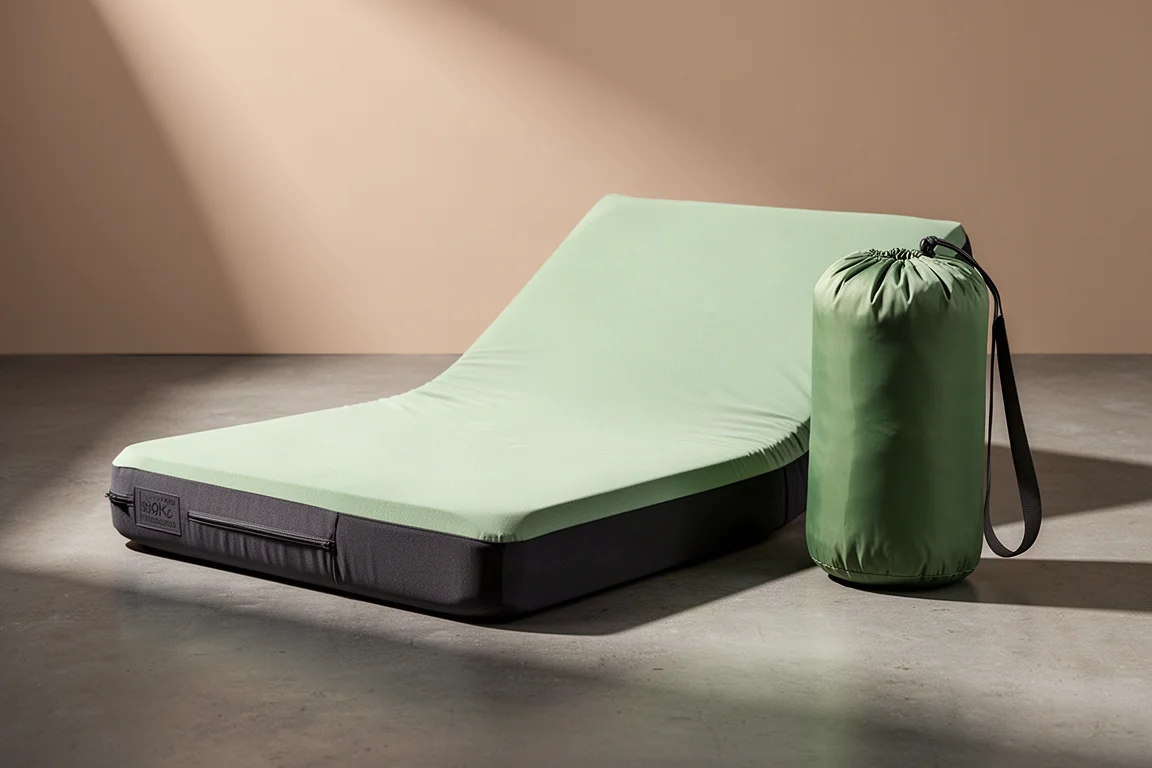 Slaapmat van vier inch memory foam met groene bovenkant en donkere basis naast de bijbehorende opbergzak