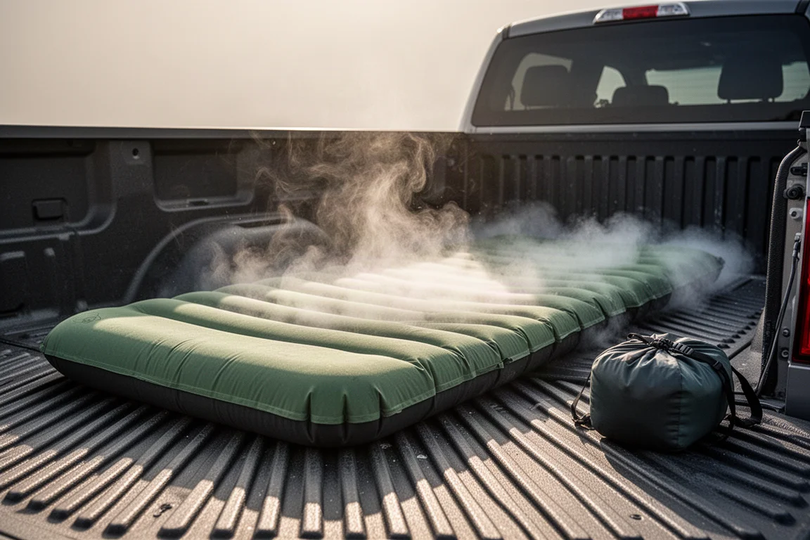 Matelas autogonflant en cours d'expansion dans la benne ouverte d'un pick-up
