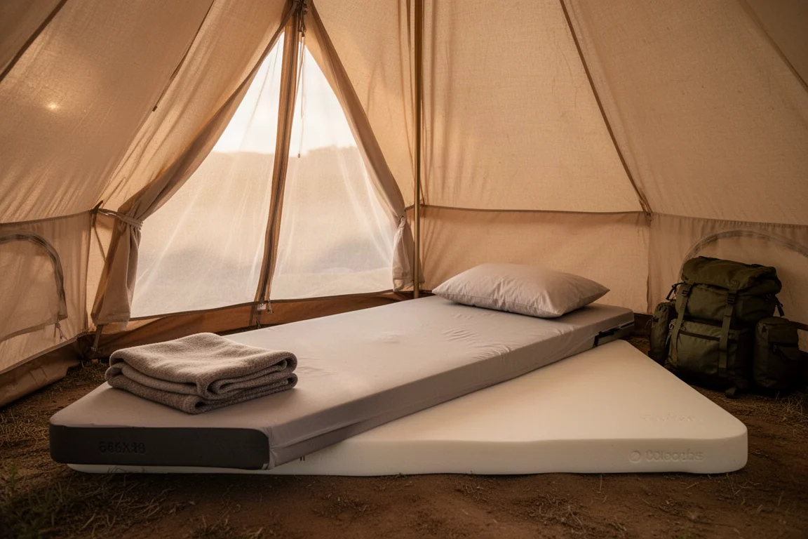Large matelas en mousse à mémoire de forme avec drap-housse et oreiller dans une tente en toile