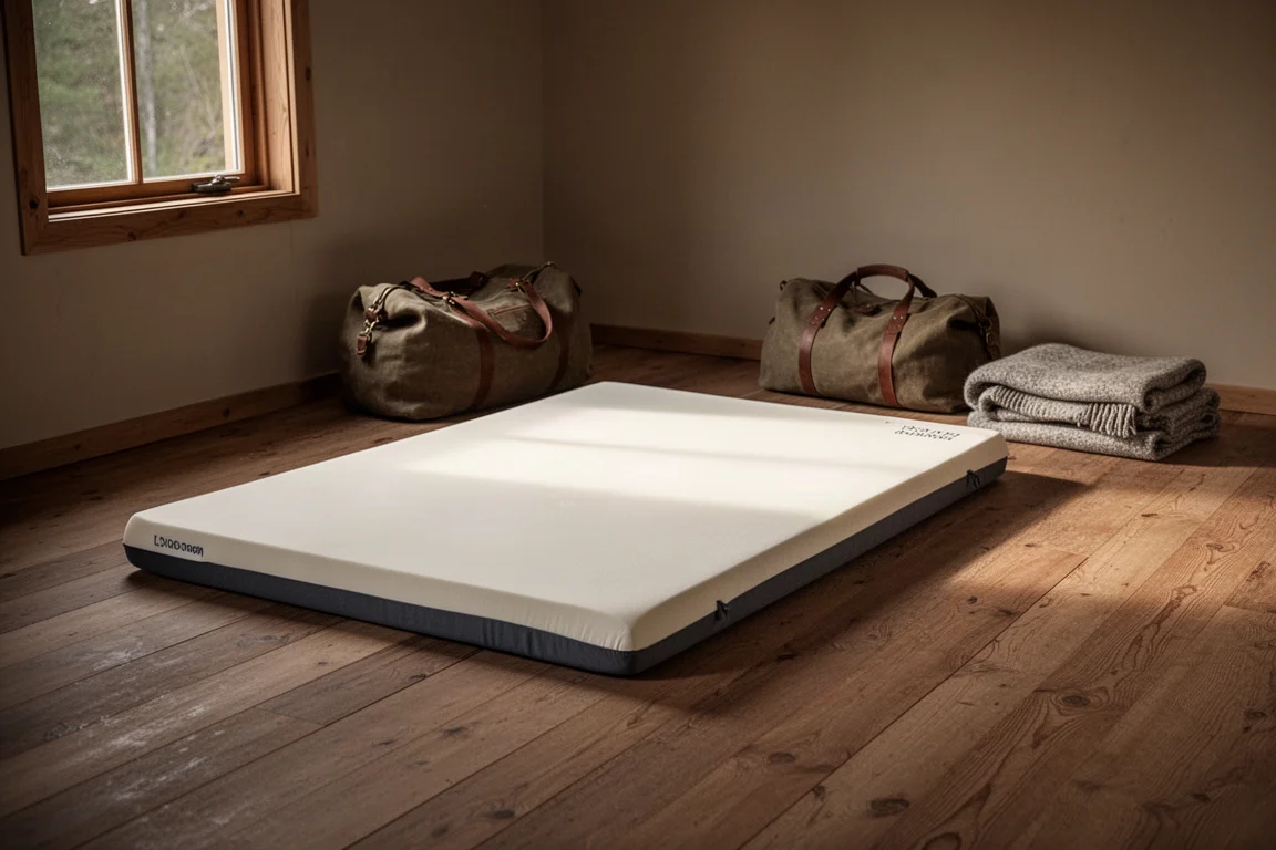 Épais matelas en mousse à mémoire de forme sur un plancher de cabane en bois avec sac et couverture