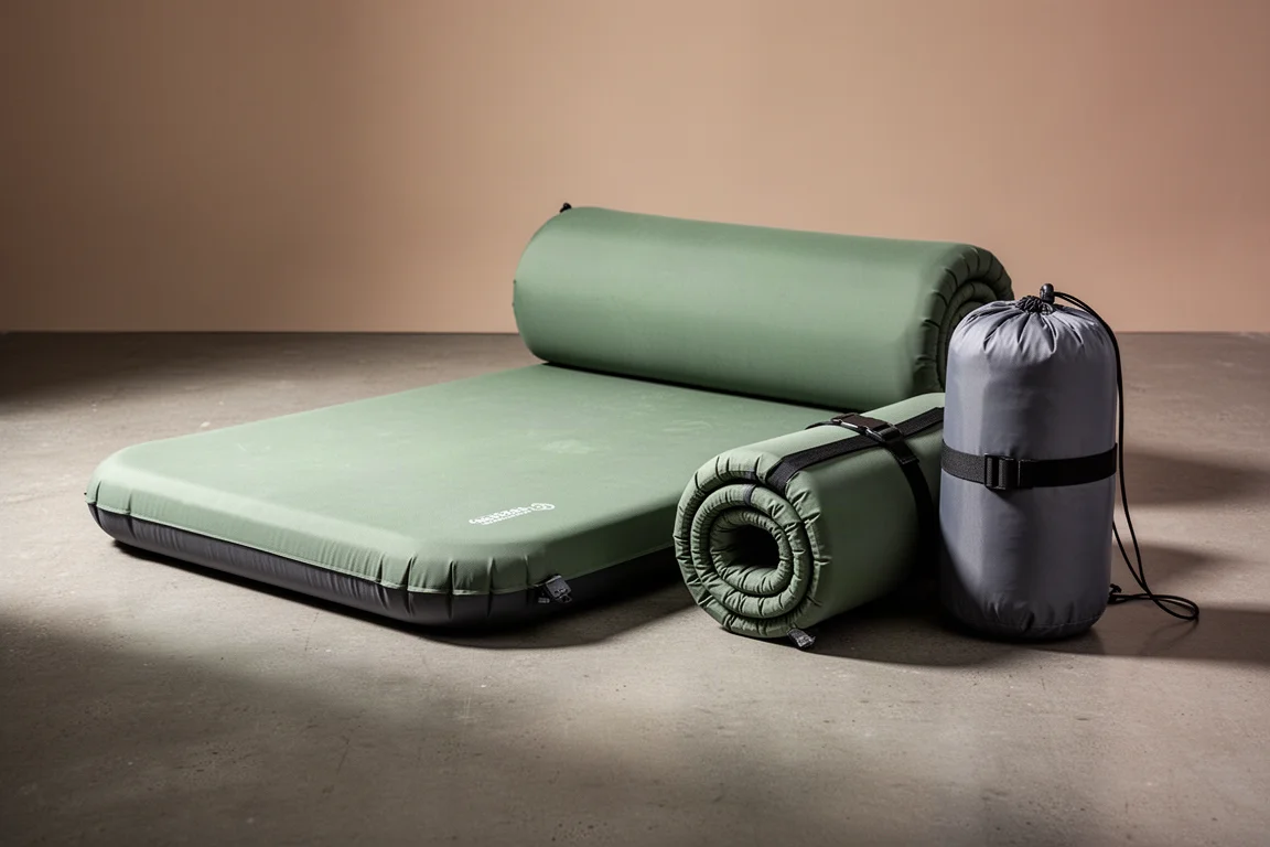 Due stuoie da campeggio in memory foam da quattro pollici sul cemento, una stesa e una arrotolata