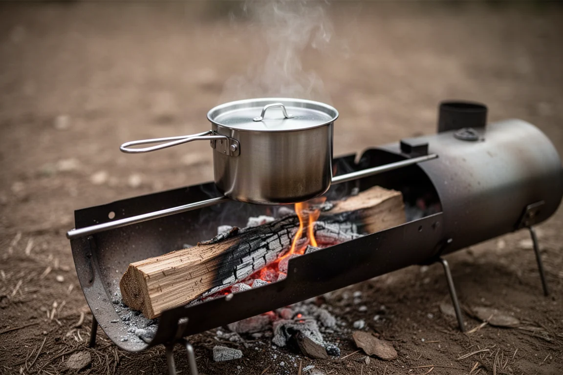 Olla pequeña apoyada sobre una única barra de soporte metálica en una estufa de leña larga de camping