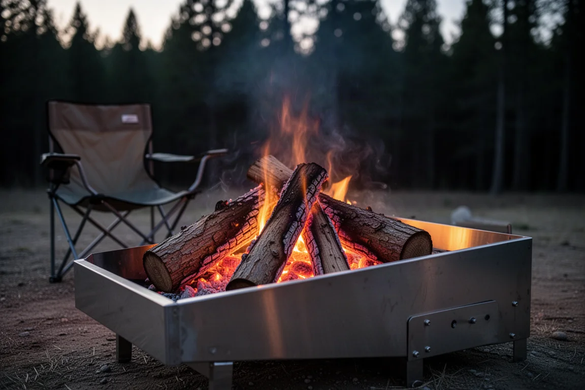 Troncos grandes ardiendo dentro de una estufa-fogata larga de acero inoxidable en un camping