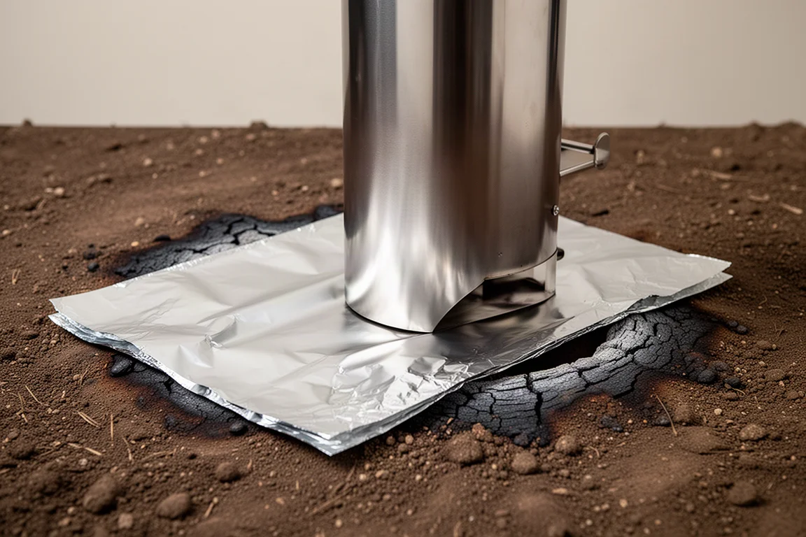 Lámina de papel de aluminio doblada colocada bajo una estufa de acero inoxidable para proteger el suelo desnudo
