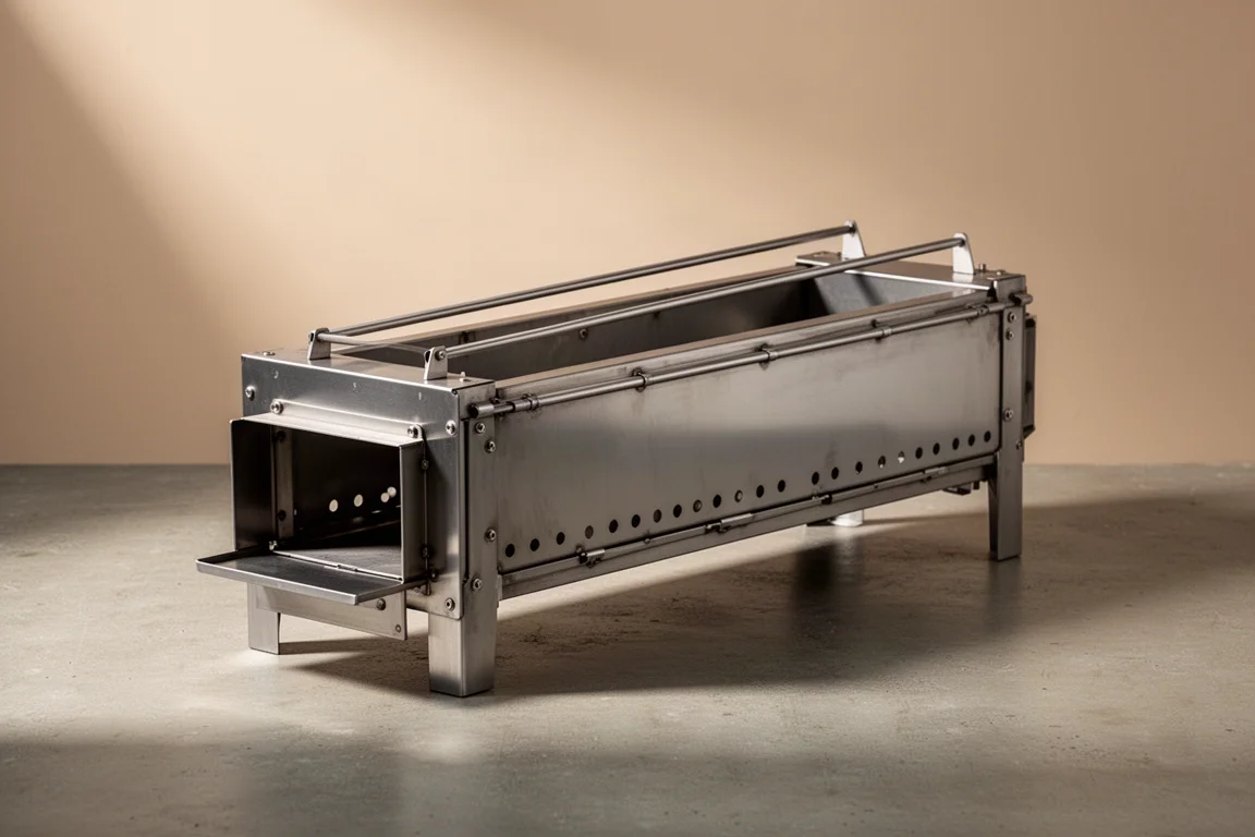 Long stainless steel collapsible wood stove assembled on a concrete surface