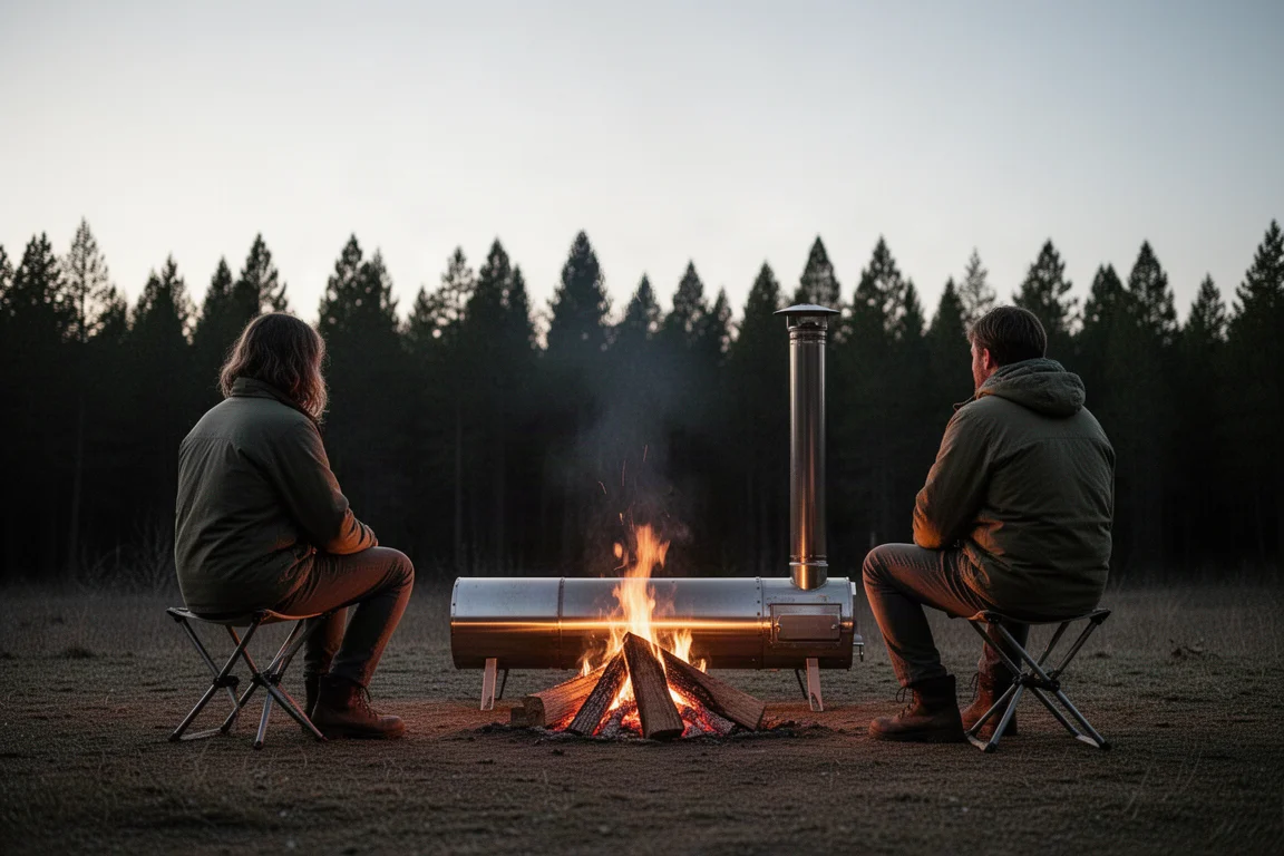 Zwei Camper sitzen an einem kühlen Abend neben einem langen Holzfeuerofen