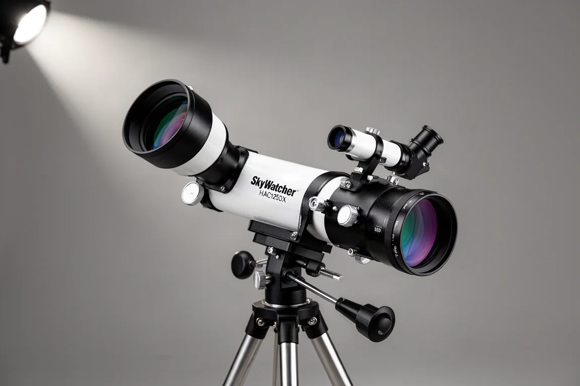 Astrofotografie-Ausrüstung mit Teleskop, Kamera und Fokussierer auf dunkler Oberfläche