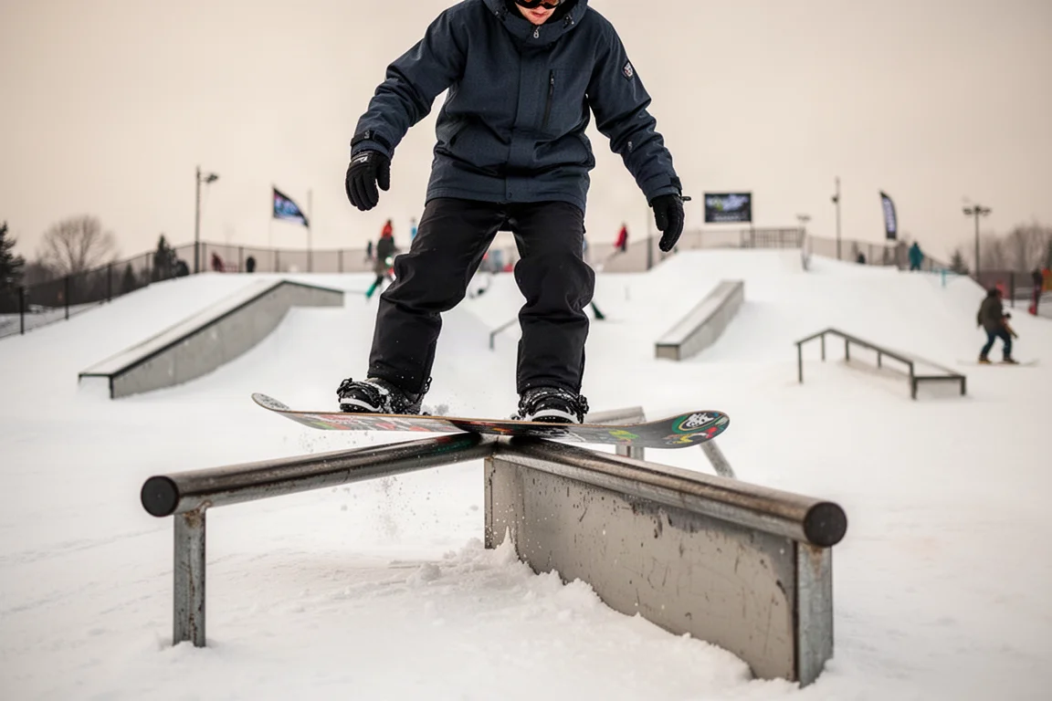 Snowboardåkare som pressar nosen på ett mjukt flexat bräde på ett räcke i parken