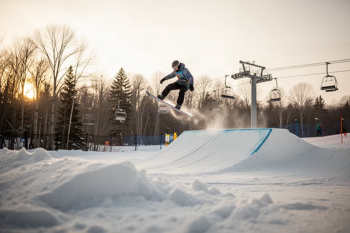 Snowboardåkare som åker vårpark i mjuk snö sent på dagen