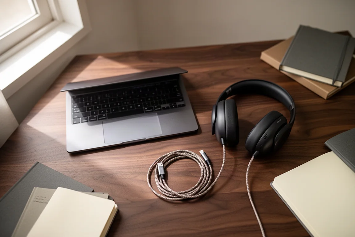 Flache Anordnung von Laptop, Kopfhörern und USB-C-Kabel auf einem dunklen Nussbaumholz-Schreibtisch