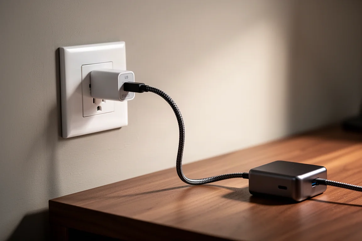 USB-Netzteil in einer Wandsteckdose mit einem geflochtenen Kabel, das zu einem Schreibtisch führt