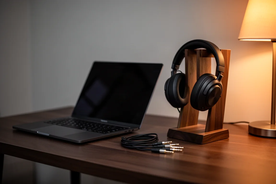 Abendliches Schreibtisch-Setup mit geöffnetem Laptop, Kopfhörern auf einem Ständer und warmem Lampenlicht