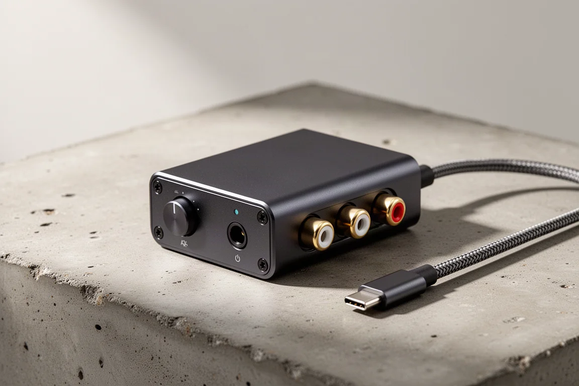 Compact dark metal USB-C DAC with RCA plugs on a concrete surface