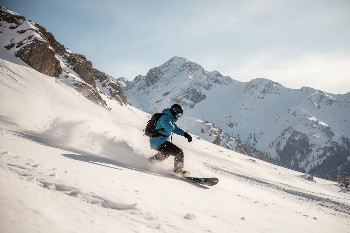 Snowboarder riding fresh powder turns on a sunlit mountain slope