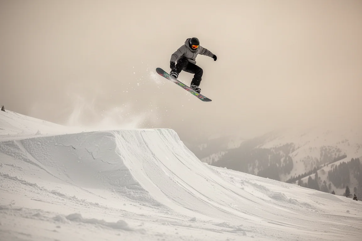 Snowboarder launching off a jump with a clean landing zone on the slope