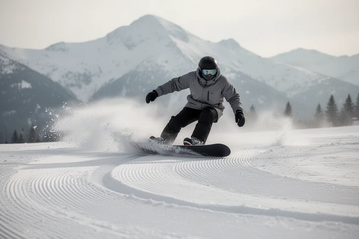 Snowboarder carving a deep edge turn into a groomed piste