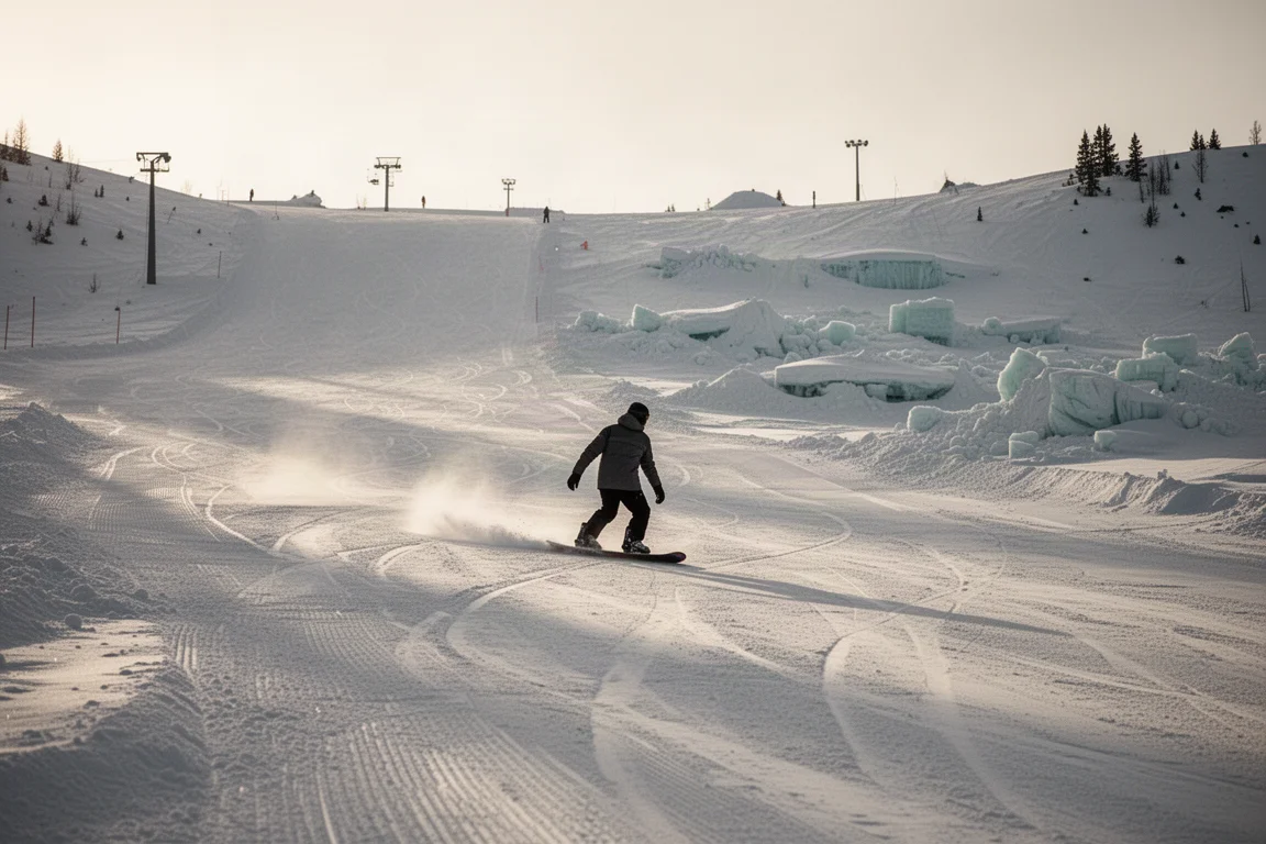 Snowboarder traversing a wide open all-mountain run at dusk